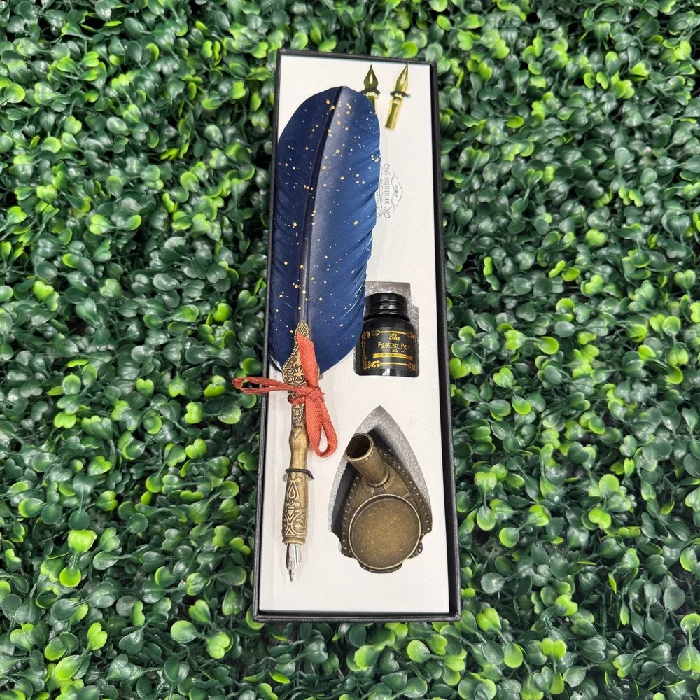 Feather Quill Pen‎ Calligraphy Set Navy Blue Gold Speckle Ink & Nibs